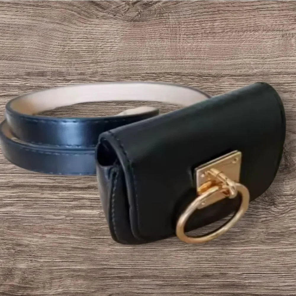 ZARA Vegan Leather Black Bag Belt with Gold Buckle | NWOT